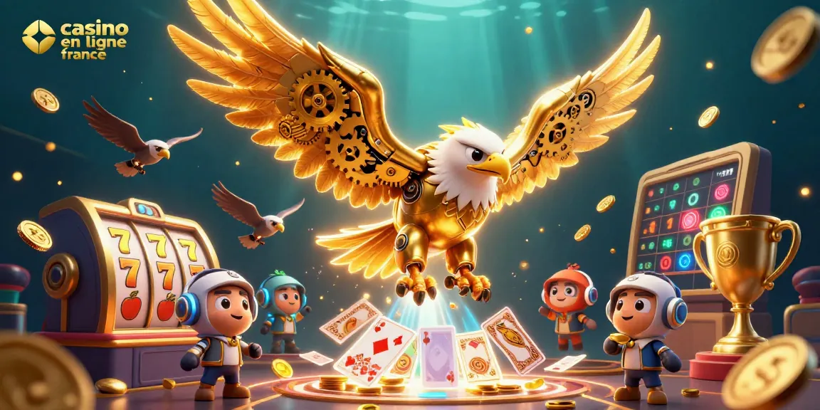 Vivez l'excitation du casino en ligne France avec un aigle doré plongeant à travers des cartes holographiques.