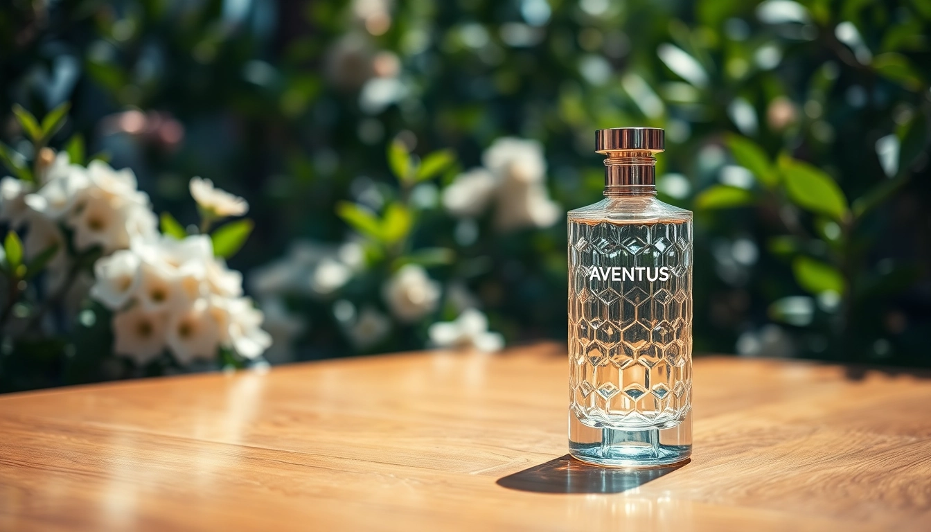 Presenting the Aventus fragrance bottle amidst an elegant wooden setting.