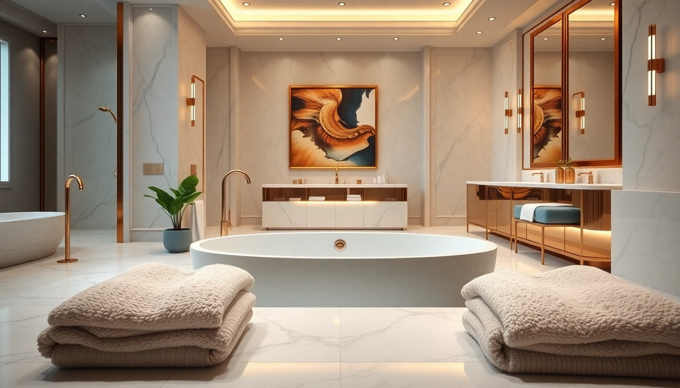 A beautifully designed elegant bathrooms with luxurious features like a marble bathtub and stylish fixtures.