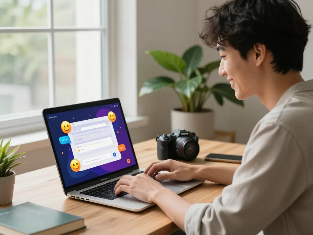 User enjoying ai sex chat on laptop in cozy home office environment.