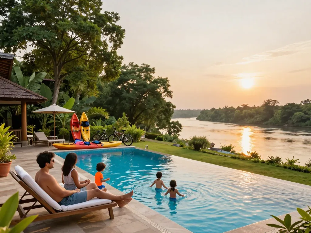 Dandeli resorts packages showcasing family-friendly amenities, swimming pool, and adventure activities in a lush setting.
