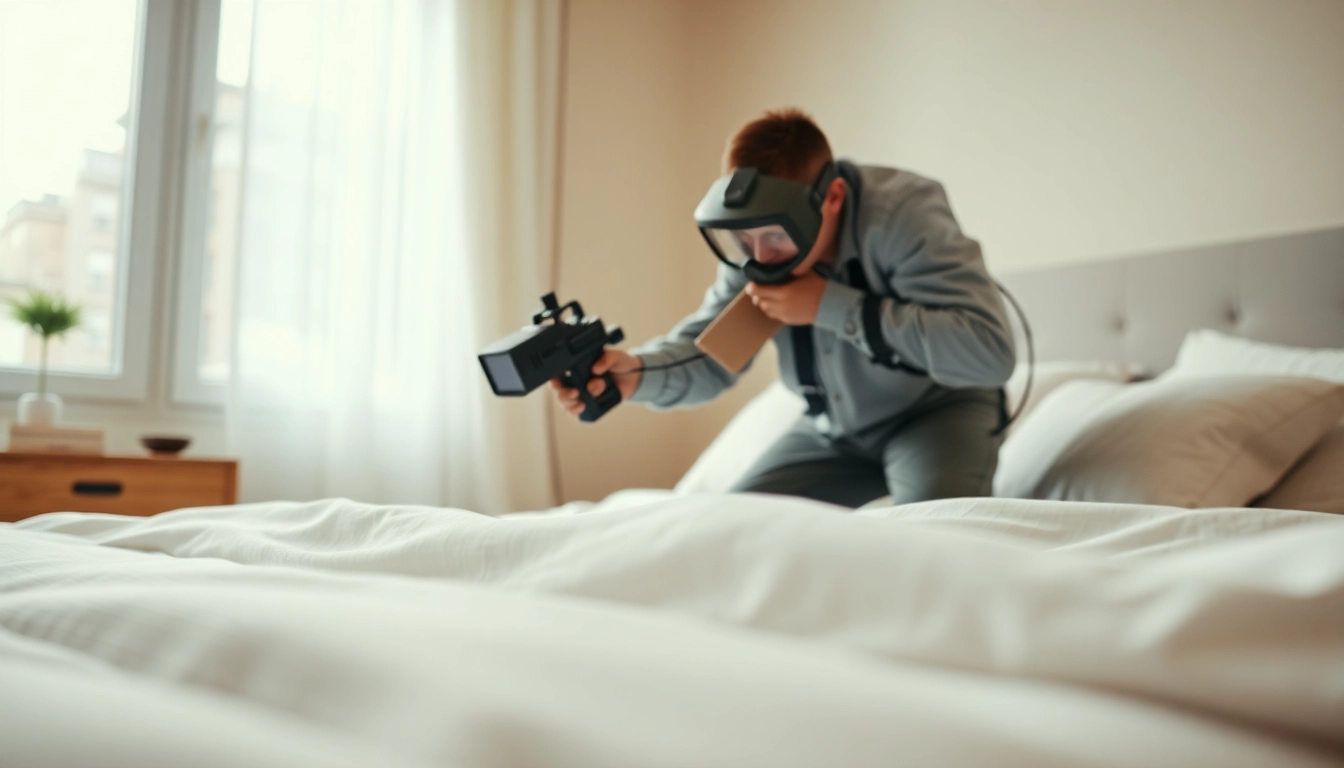 Bed bug exterminator waukesha conducting inspection in a bright residential bedroom setting.