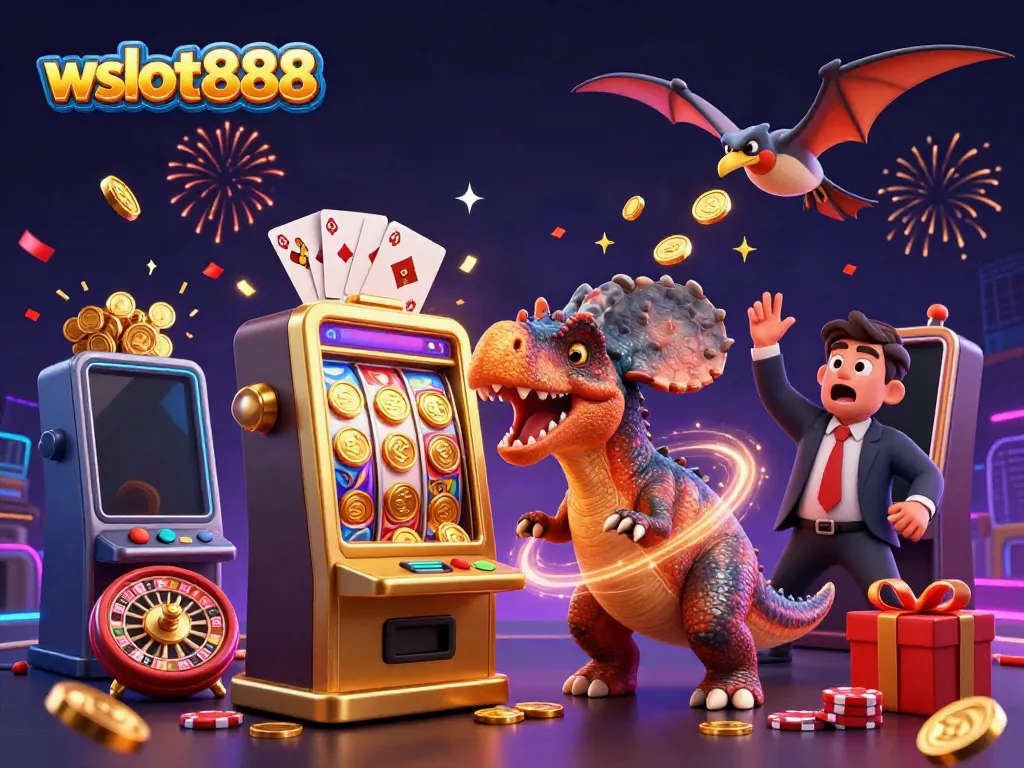WSLOT888, slot gacor dengan dinosaur 3D merayakan jackpot emas.