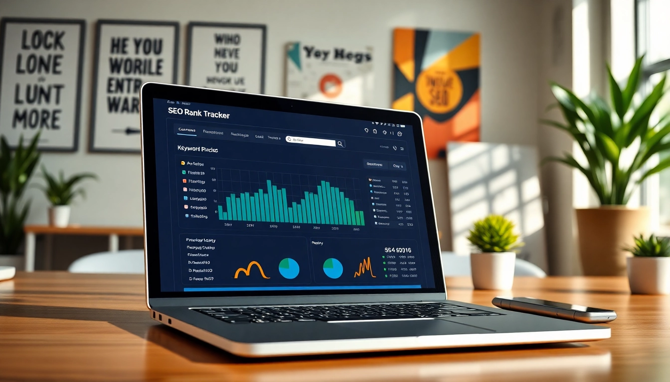 Analyze SEO Rank Tracker data on a modern laptop in a bright office setting.