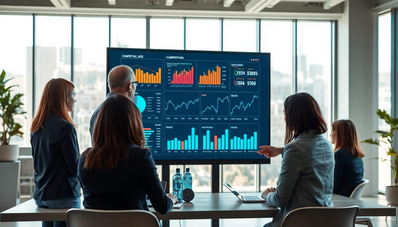 Analyze competitive intelligence insights with a diverse team in a bright office.