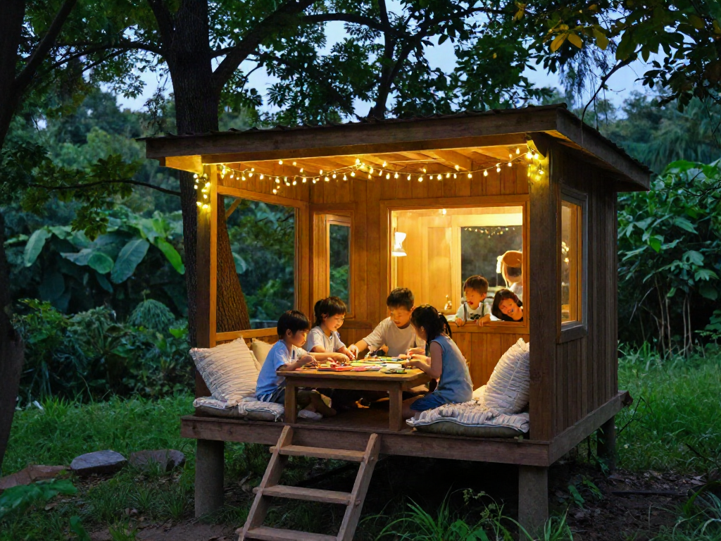 Family enjoying tree house life playing games with fairy lights and forest backdrop
