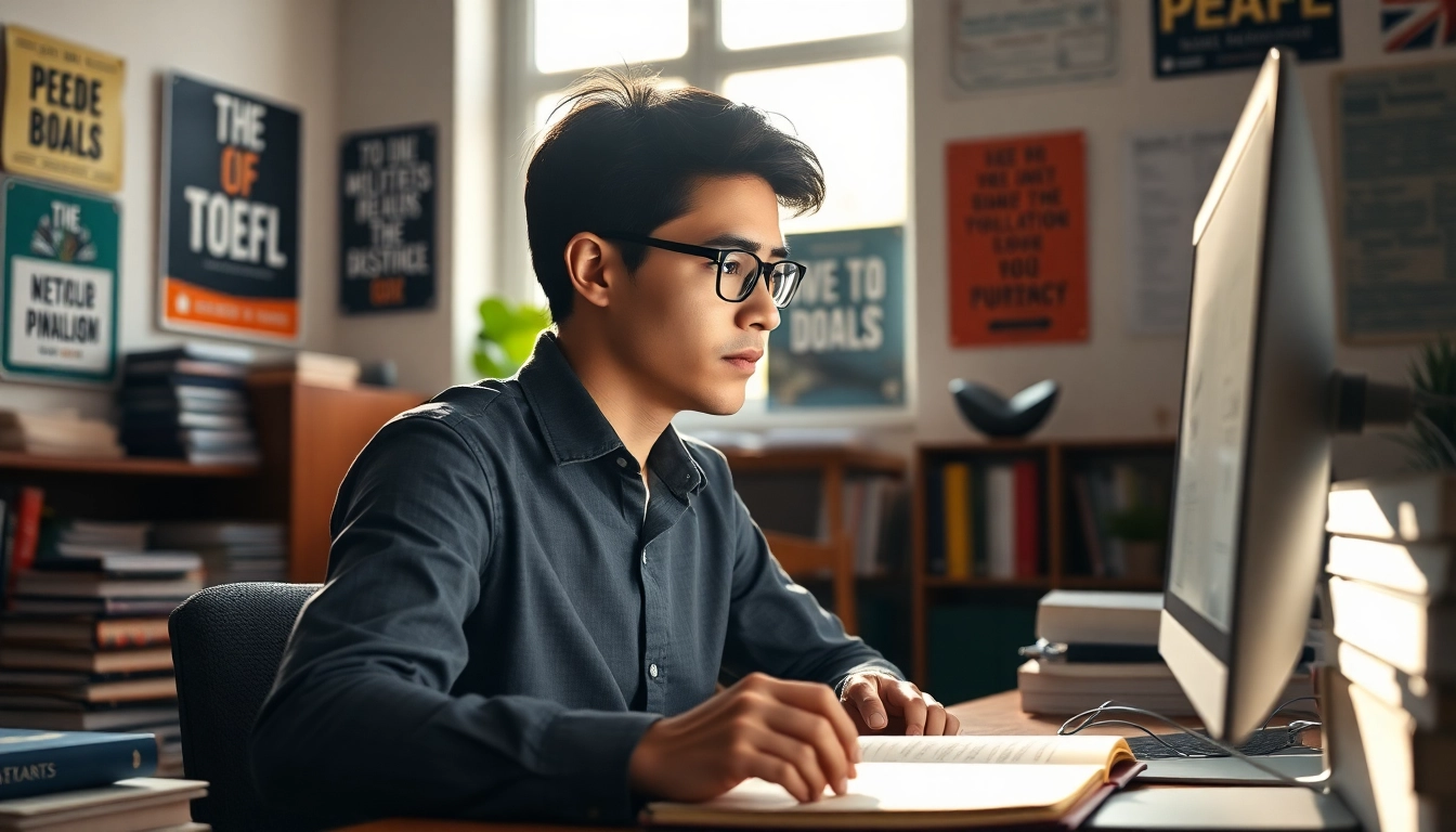 Pay someone to take toefl with a student studying in a serene setting filled with resources.
