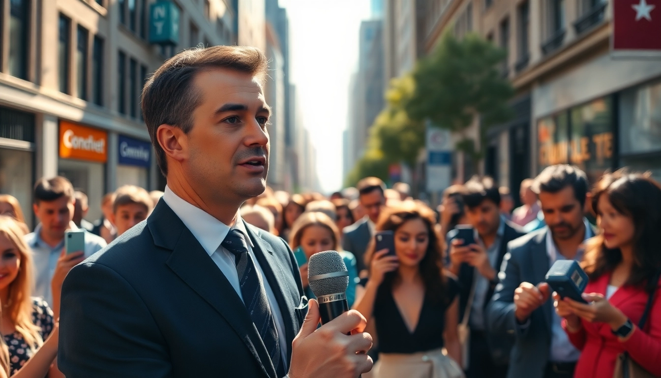 News reporter engaging with the public in an urban setting.
