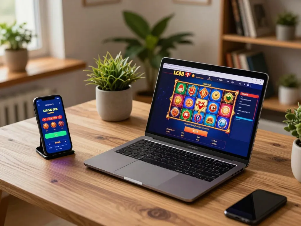 Engaging with exciting slot games at LC88 through an online gaming setup in a cozy atmosphere.