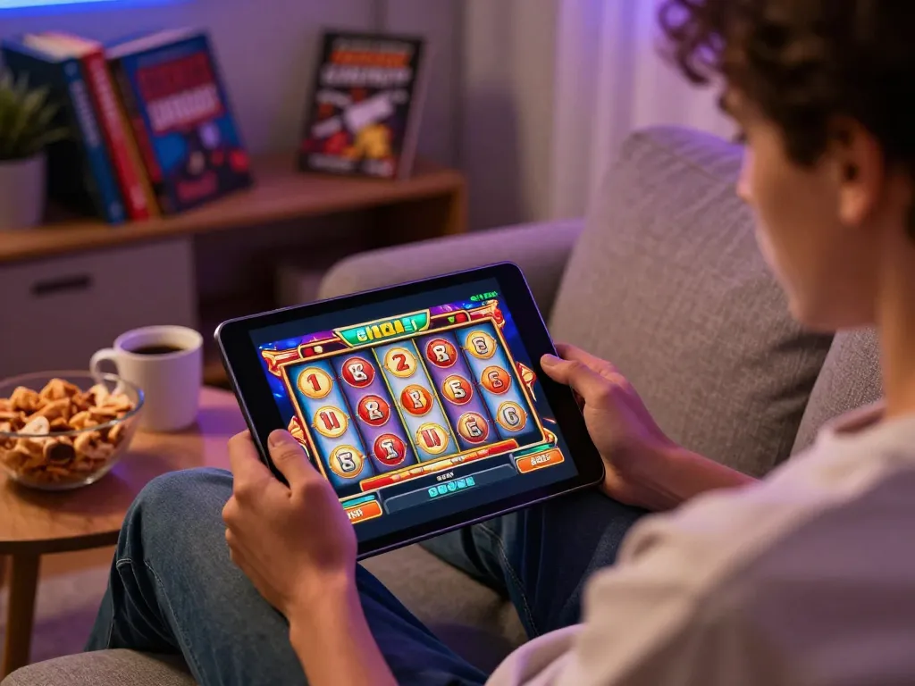 Engaging online slot gameplay on a tablet at home, slot-gacor2026 interface highlighted.