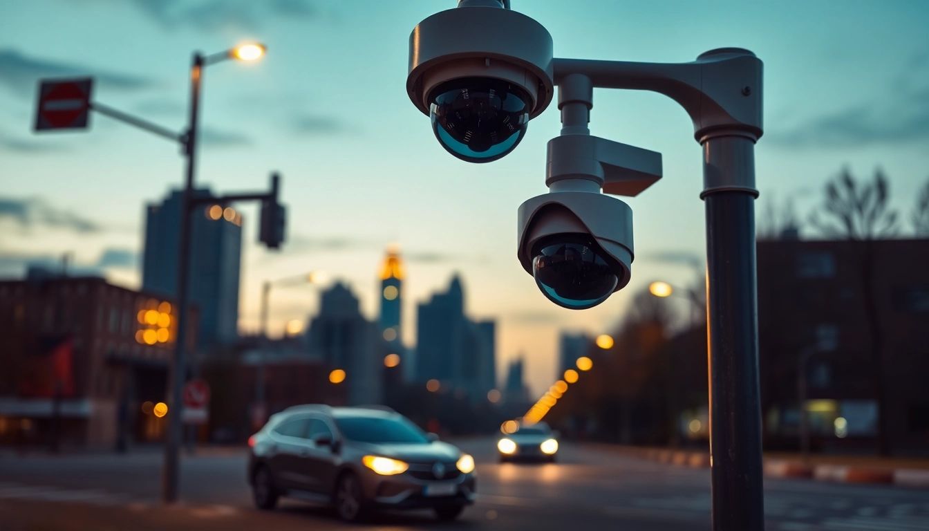 Engaging view of an automatic license plate recognition system capturing vehicle data in an urban environment.