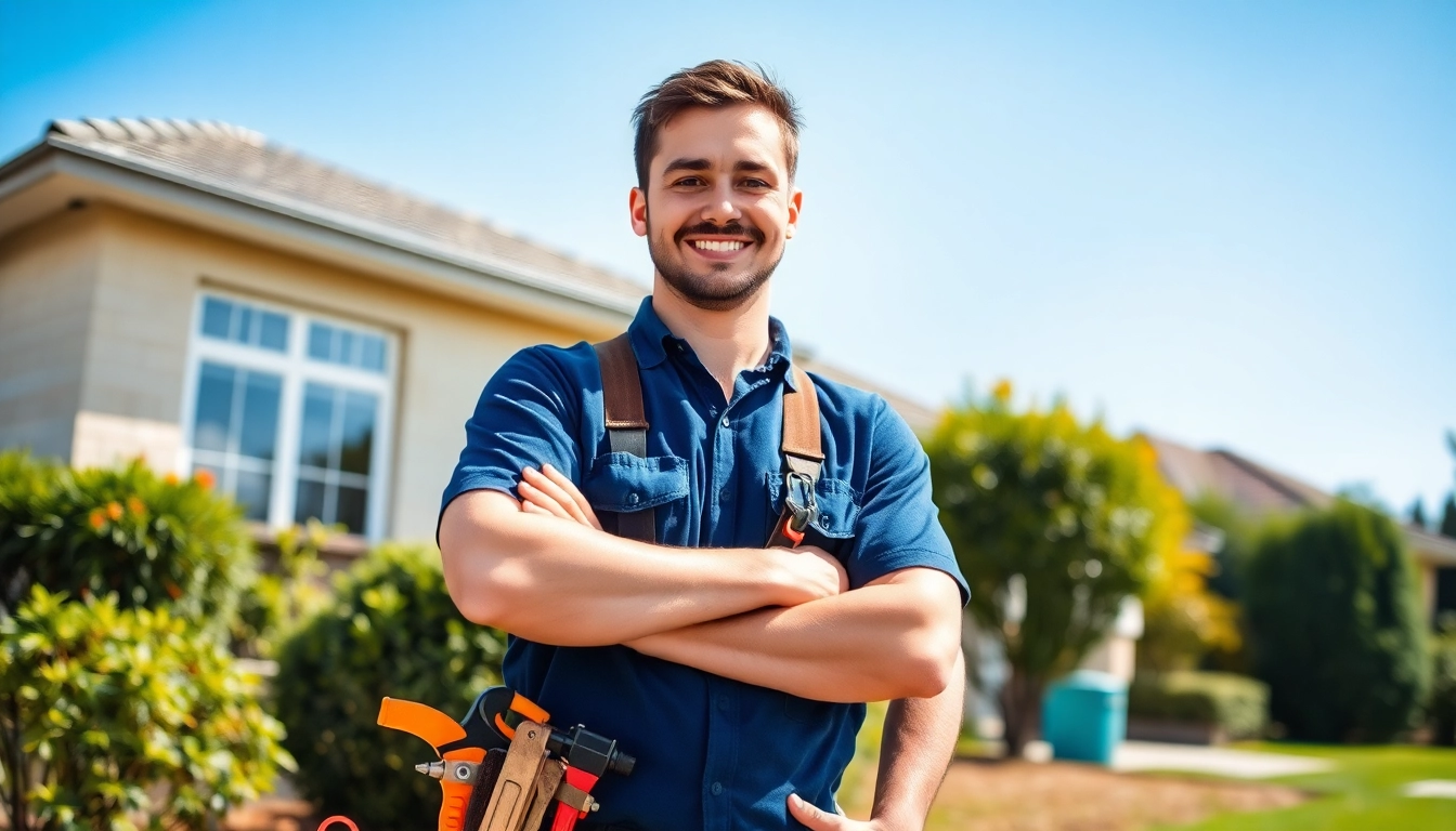 Hiring a reliable plumber near me with tools in a sunny garden setting.