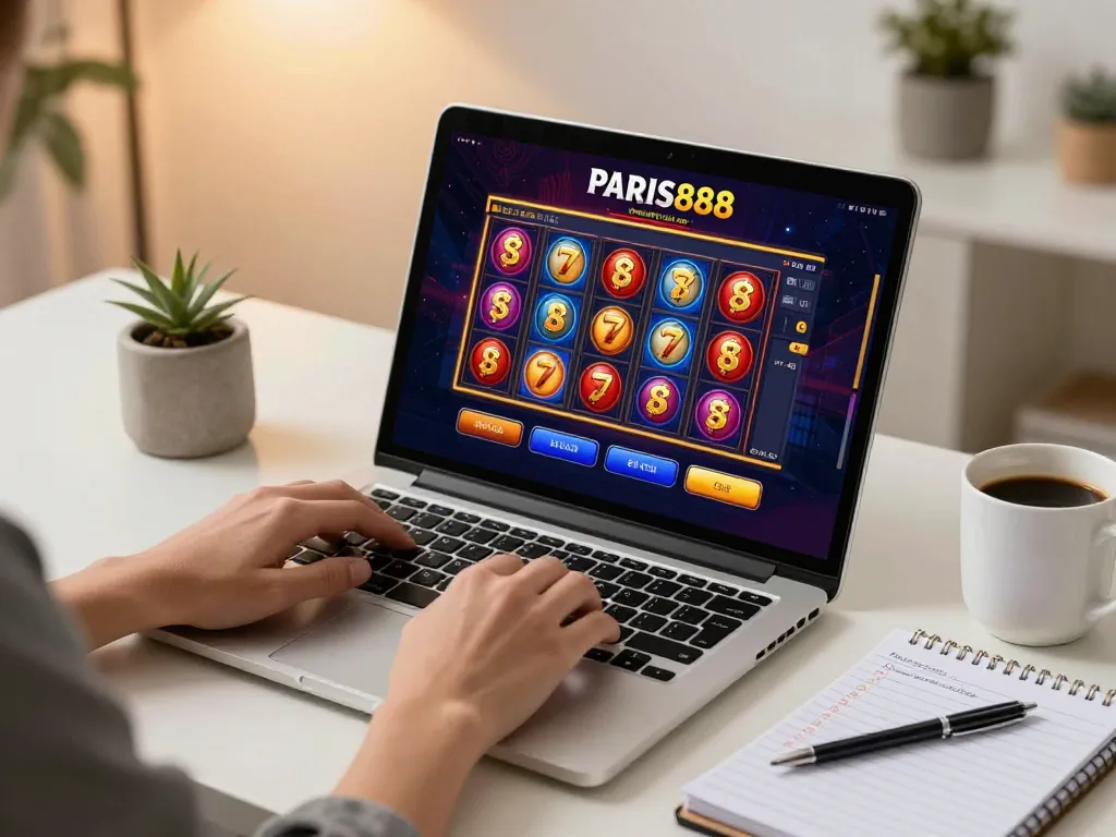 Engaging with Paris888 online casino game on laptop in a stylish home office environment