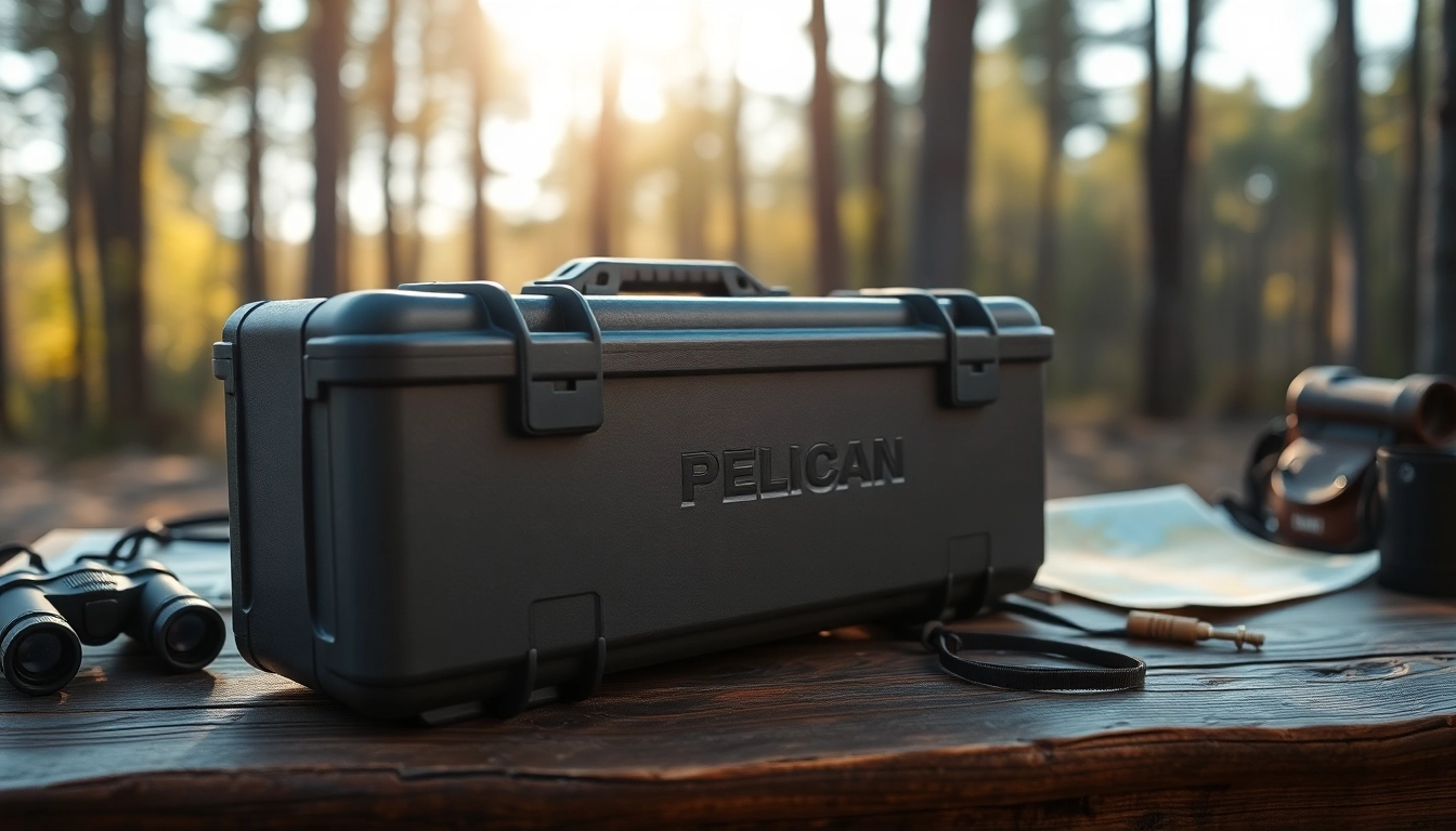 Showcase of a Pelican rifle case with outdoor gear, highlighting its rugged features and adventure-ready design.