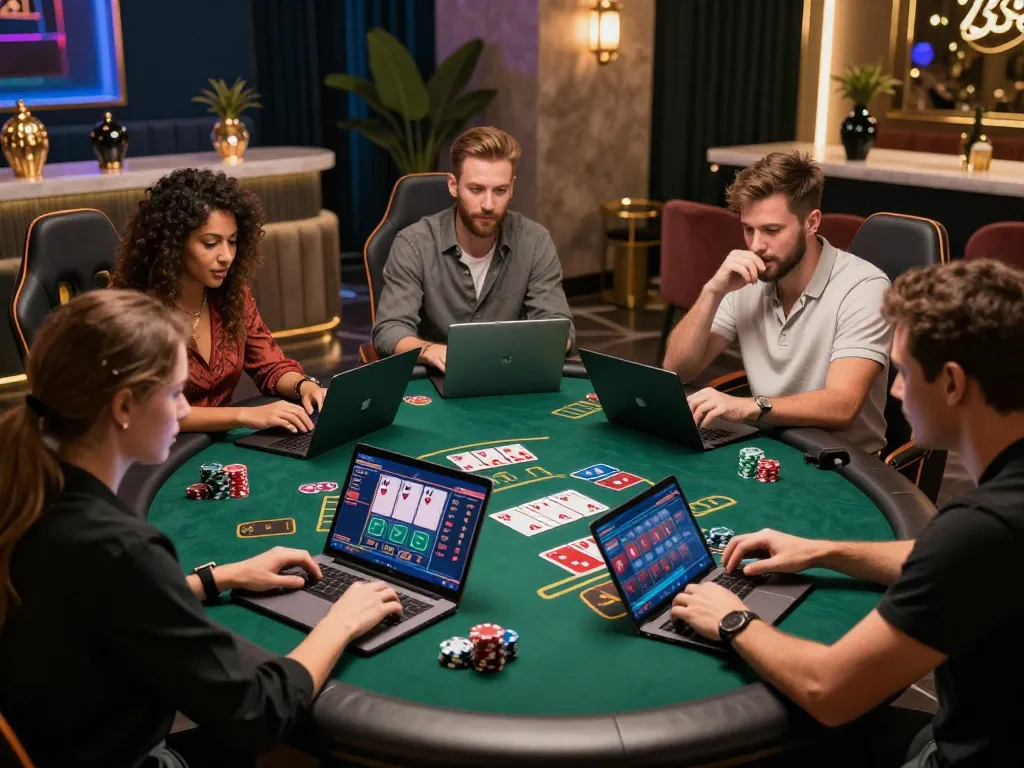 Players enjoying online baccarat at a stylish gaming lounge, highlighting the exciting baccarat사이트 atmosphere.
