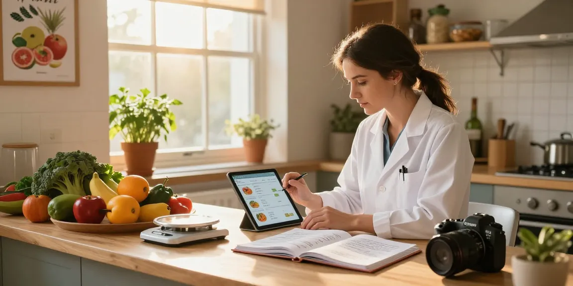 Nutritionist analyzing data on best food tracker in vibrant kitchen