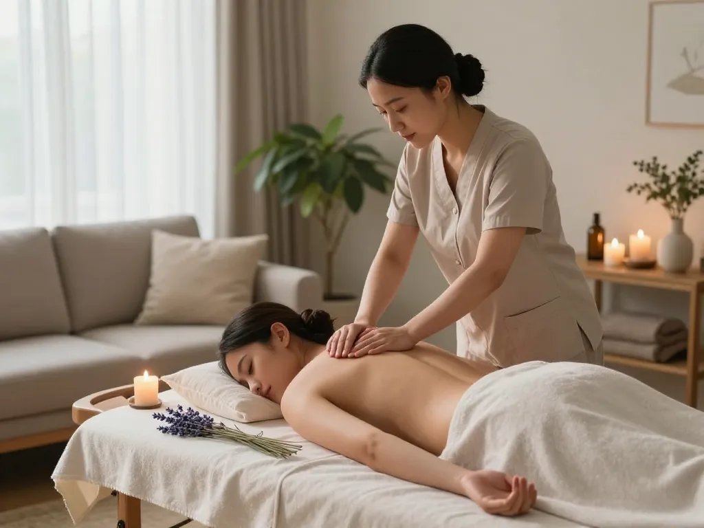 A relaxing home massage scene with a professional therapist at maxim-anma.net offering aromatherapy and soothing ambiance.