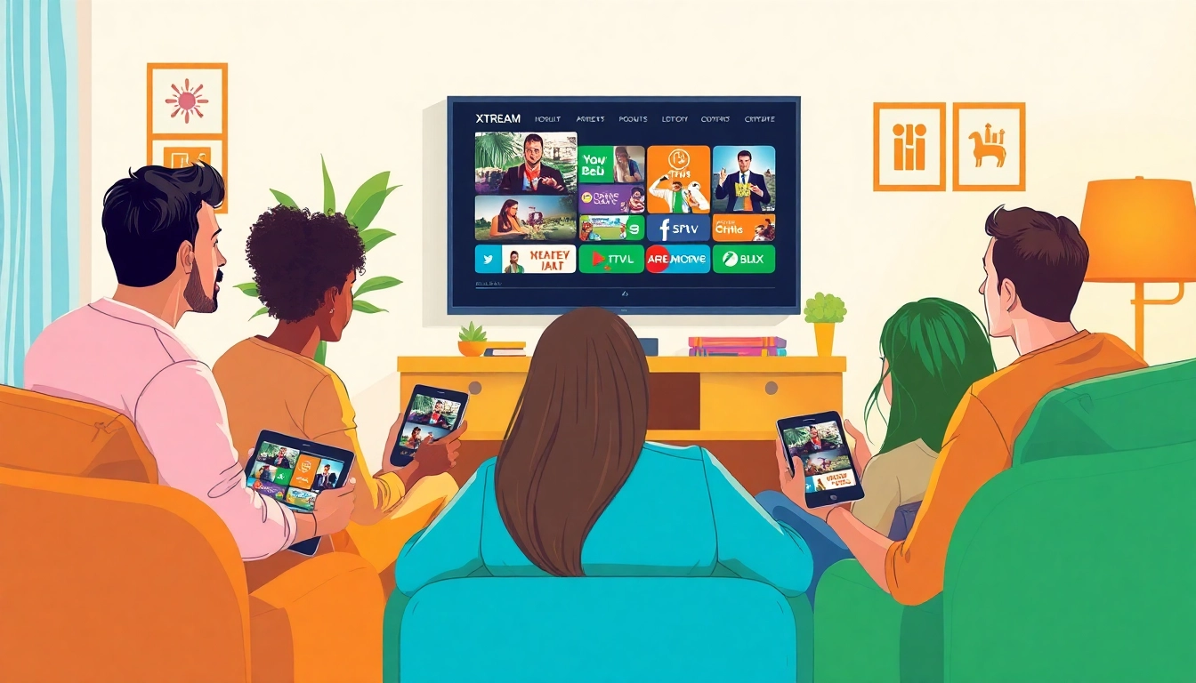 Group enjoying entertainment through xtream iptv on various devices in a cozy room.