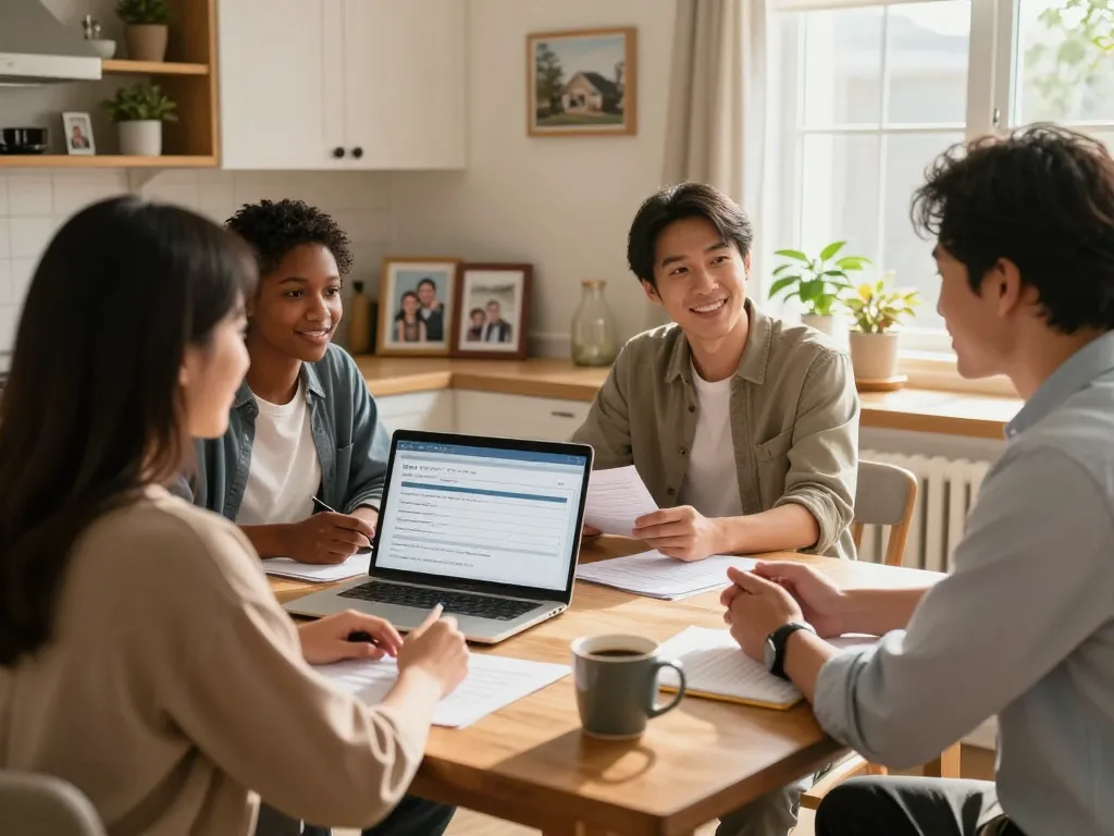 We buy houses for cash discussion in a cozy kitchen, sunlit atmosphere, showcasing family warmth and friendly negotiation.