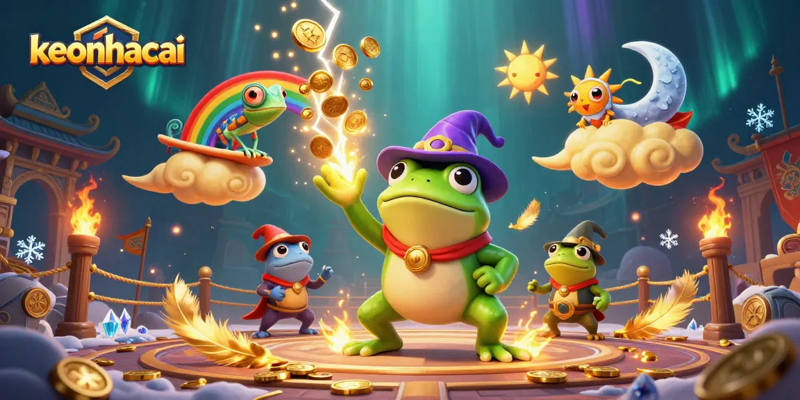 Experience keonhacai with vibrant casino action featuring a weather wizard frog, golden coins, and magical elements.