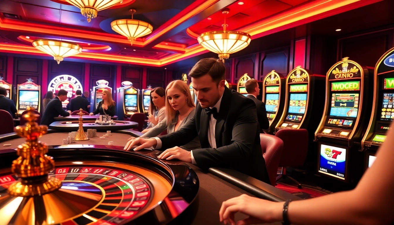 KPI4D players celebrating victories at a luxurious casino gaming table with vibrant slot machines.