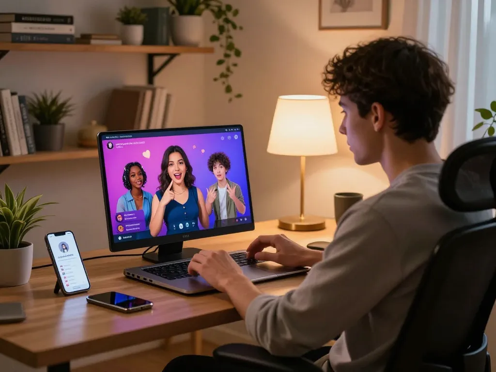 Engaging sex chat AI experience in a cozy home office with personalized avatars.