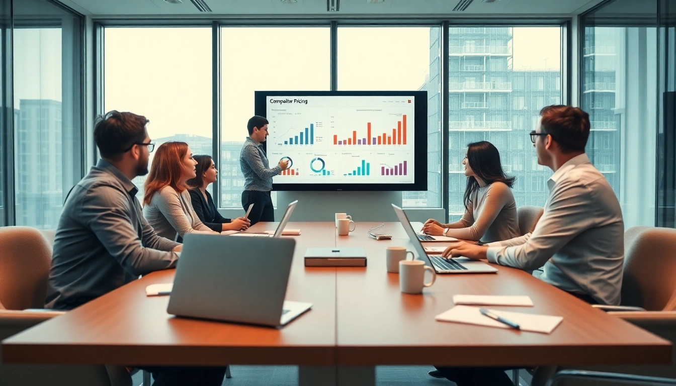 Analyze competitor pricing strategies with a diverse team in a modern office.