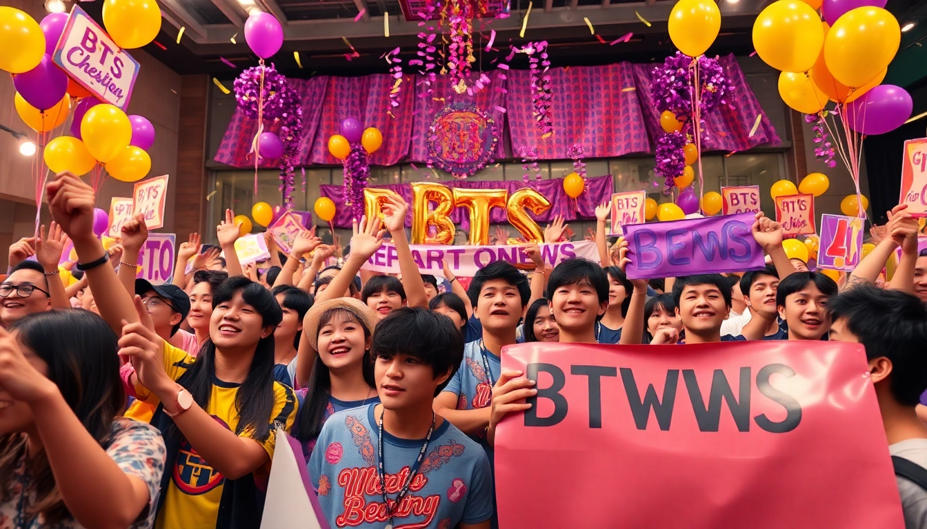 Fans celebrating BTS news with colorful banners and energetic expressions.