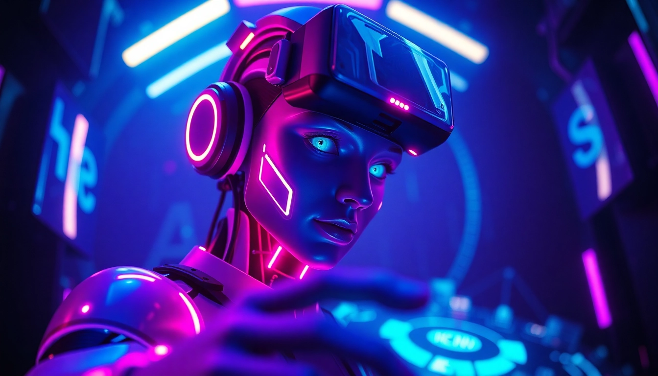 AI NSFW character in a vibrant virtual reality setting with neon accents and holographic elements.