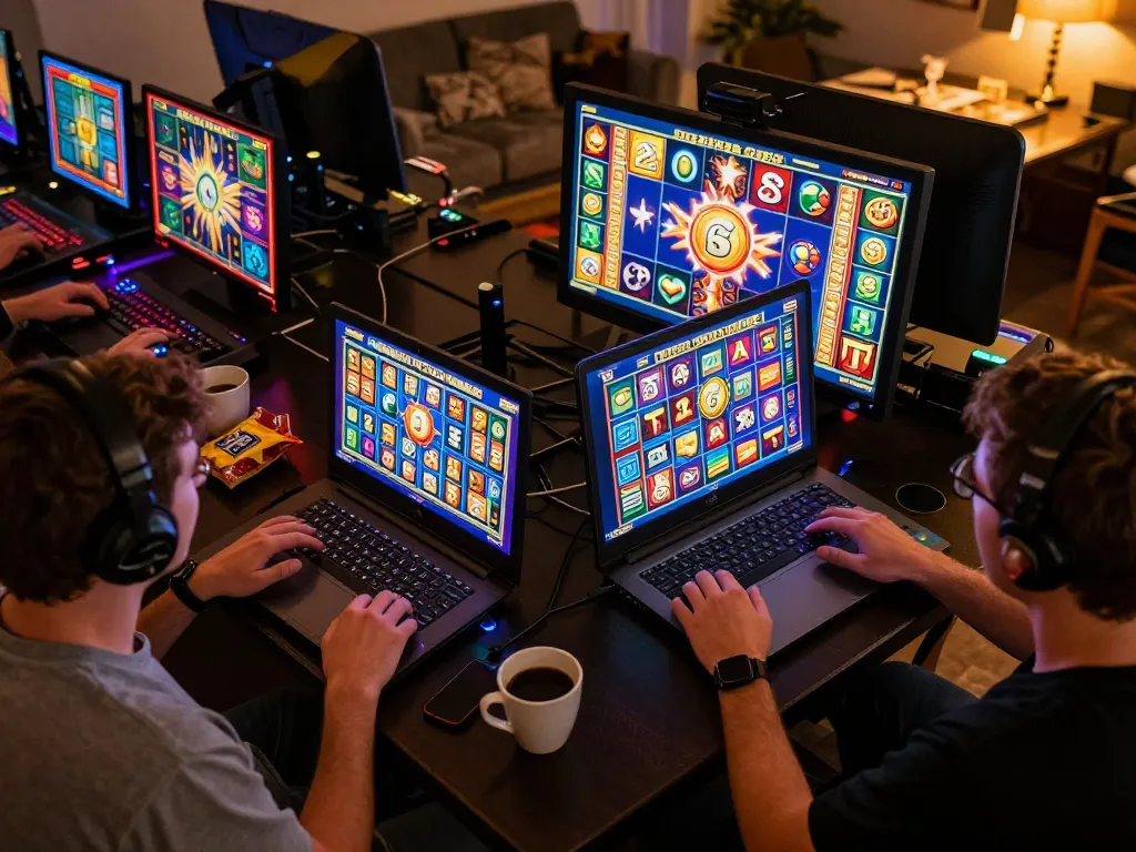 Online slot gaming session celebrating wins at situs gacor with vibrant screens and cozy atmosphere