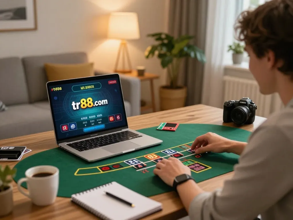 Playing live dealer blackjack on tr88.com from a cozy home office, excited gamer engaged.