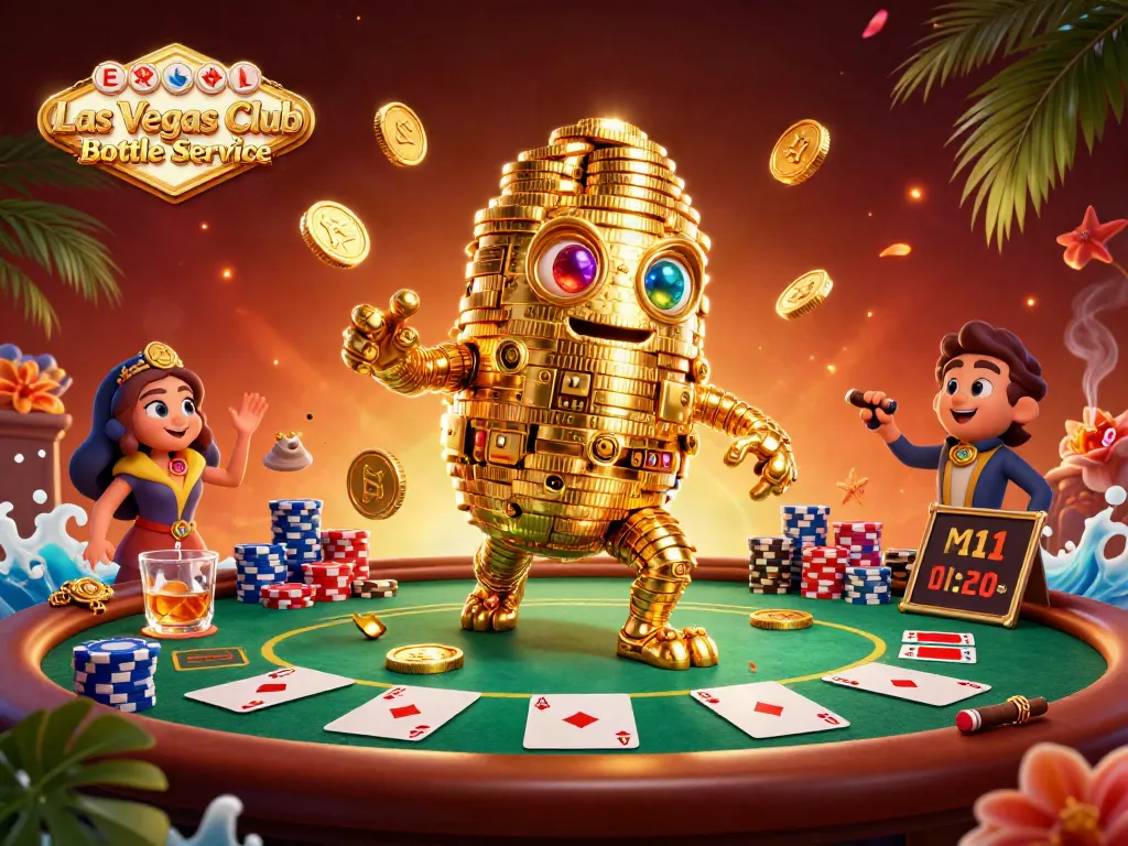Experience Las Vegas Club Bottle Service with an exciting 3D vibrant illustration showcasing a golden golem and casino elements.