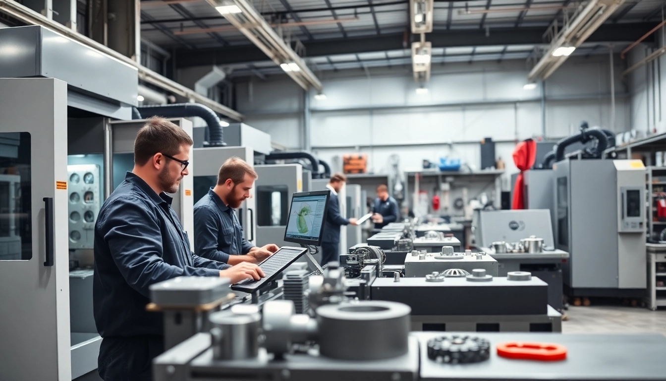 Custom part manufacturer operating advanced CNC machines in a high-tech workshop.