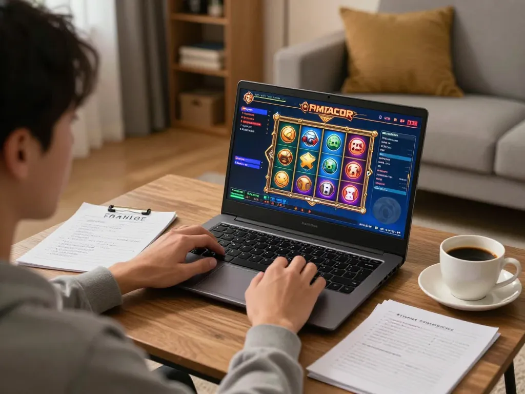 Pemain yang merencanakan strategi pada permainan slot gacor di rumah, layar laptop menampilkan slot online yang cerah dan catatan taruhan.