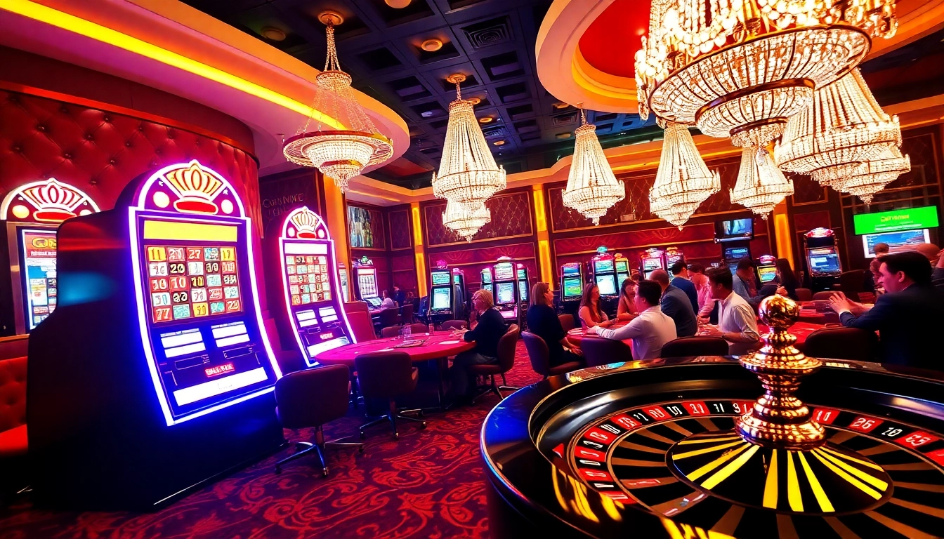Exciting casino scene celebrating gori77 with vibrant slot machines, poker tables, and roulette wheel.