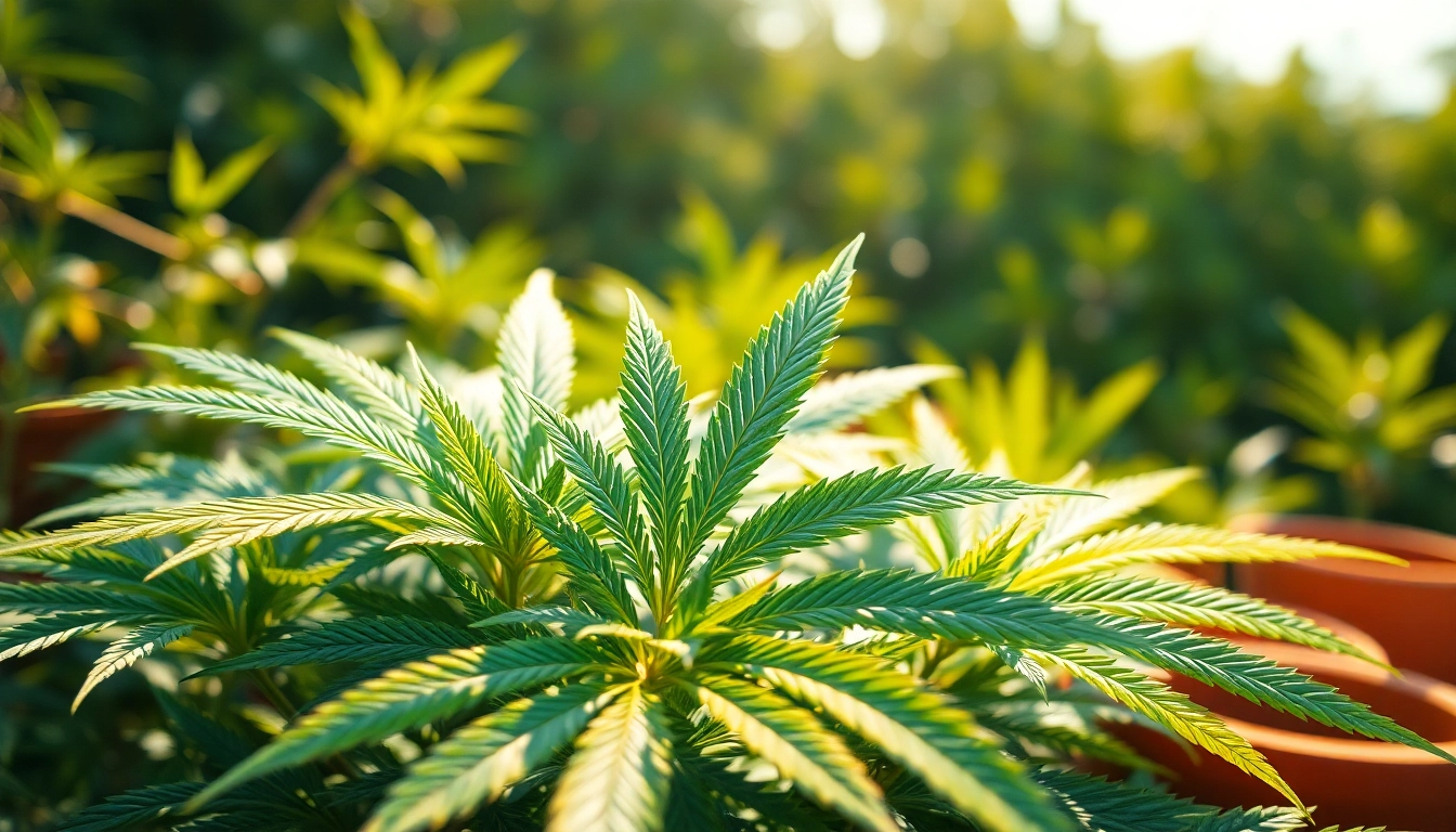 Entdecken Sie die bluetenbande in einer ansprechenden natürlichen Umgebung mit Cannabisblättern.