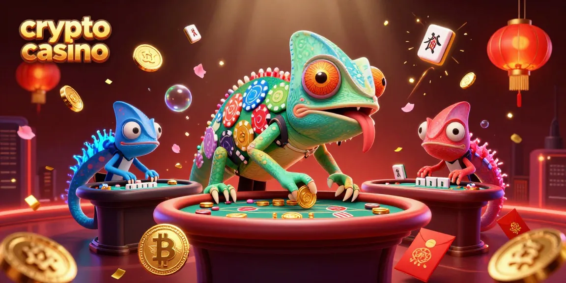 Gioca nel crypto casino sullo sfondo di un camaleonte animato mentre vince con bitcoin e ricompense.