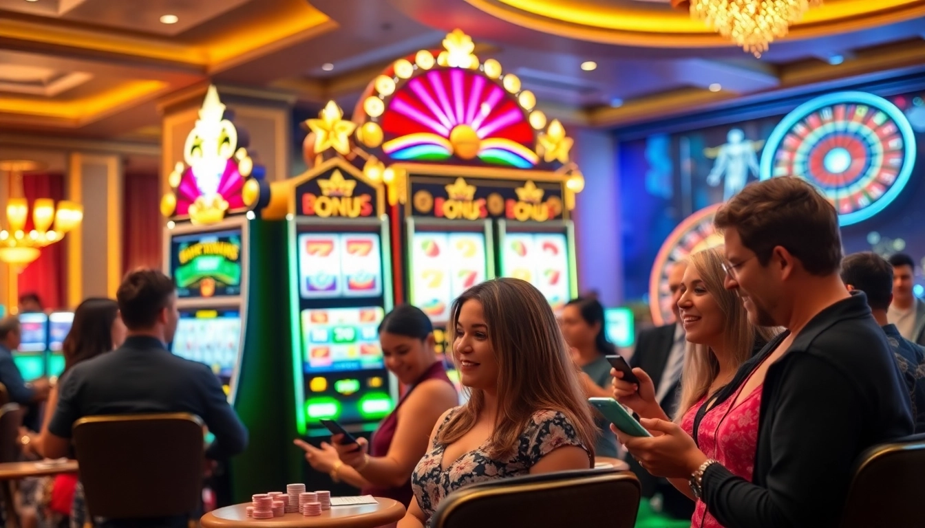 Para pemain terpesona oleh bonus slot sambil menikmati pengalaman bermain kasino yang seru.
