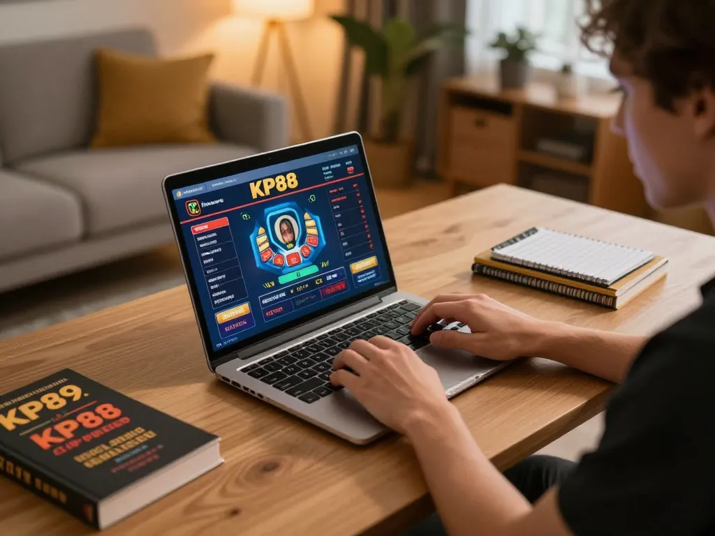 Player engaging with KP88 online casino interface at home, ready to place strategic bets