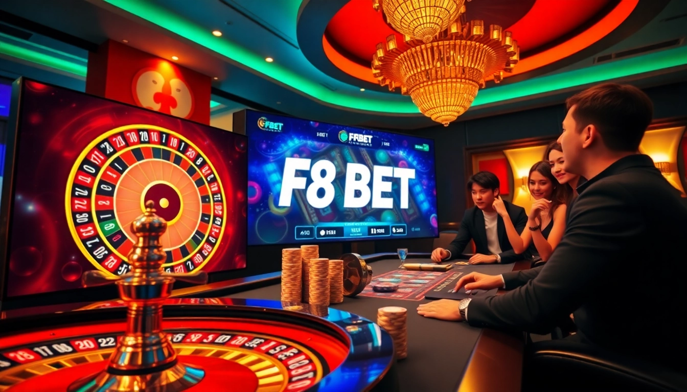 Experience the electrifying atmosphere of F8 BET with stylish gaming tables and vibrant roulette wheels.