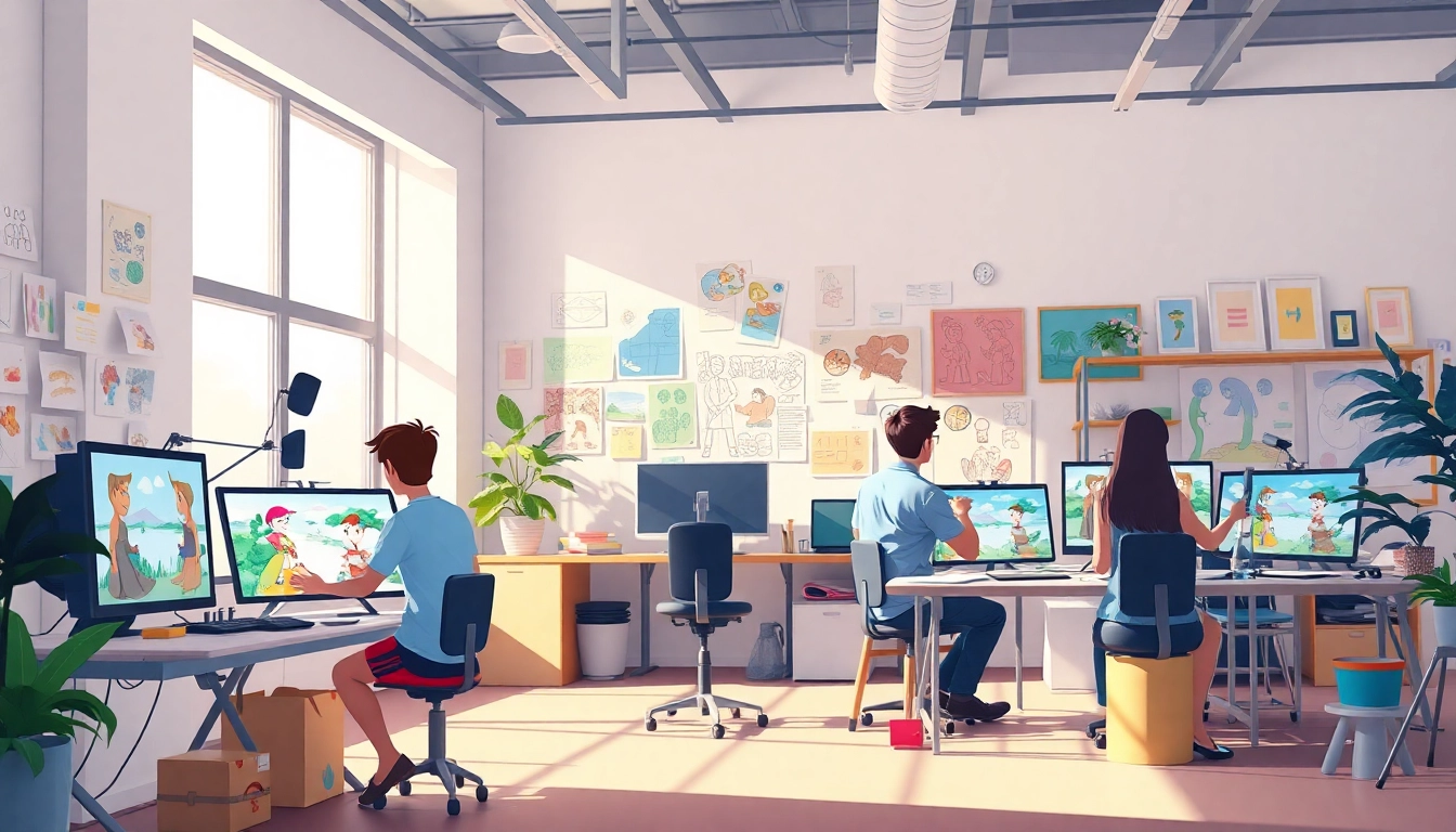 Animationagentur zeigt kreative Künstler bei der Arbeit an ansprechenden Animationen.