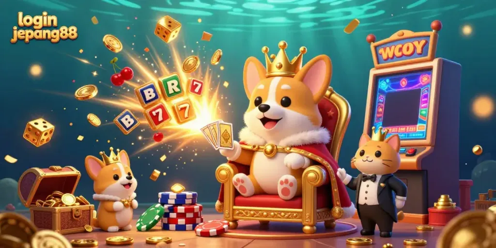 Experience the thrill of login jepang88 with a royal corgi in a vibrant casino atmosphere.