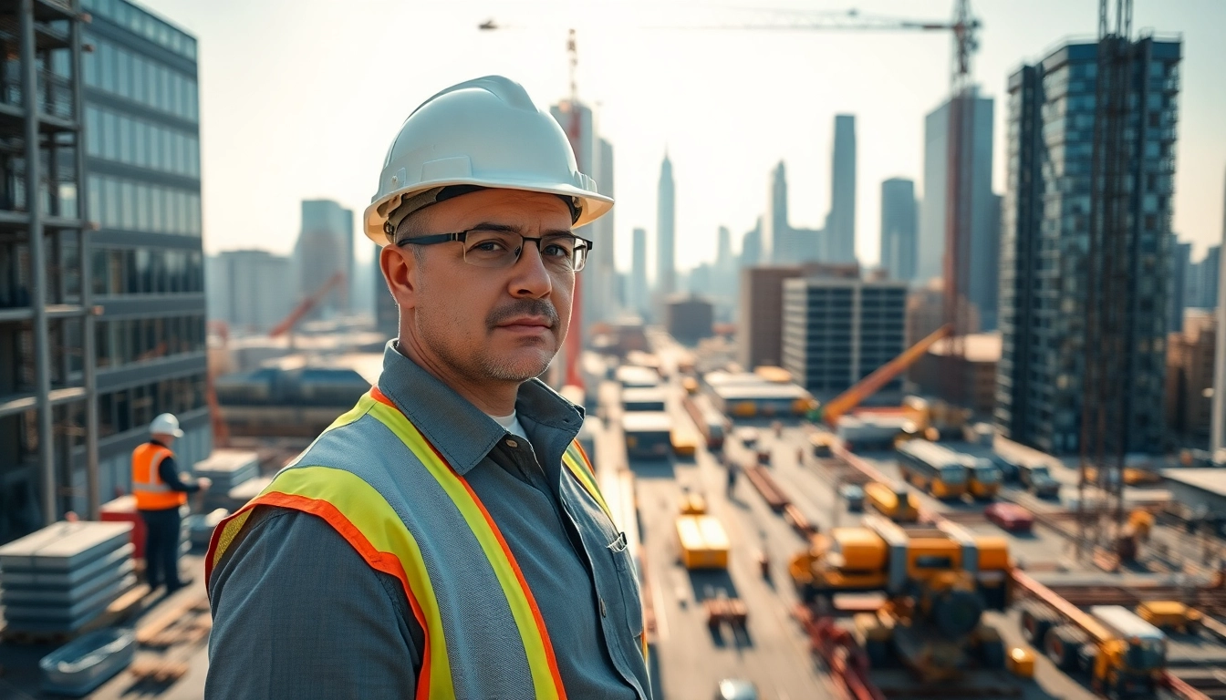 New York Construction Manager supervising a bustling construction site in NYC.