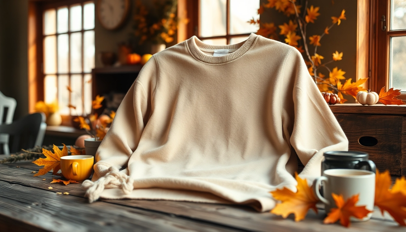 Model wearing a stylish blank crewneck in a cozy autumn setting with warm colors.