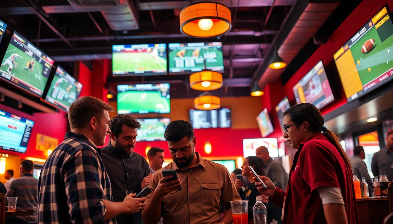 Engaged bettors enjoying South Carolina sports betting at a sports bar, strategizing with friends.
