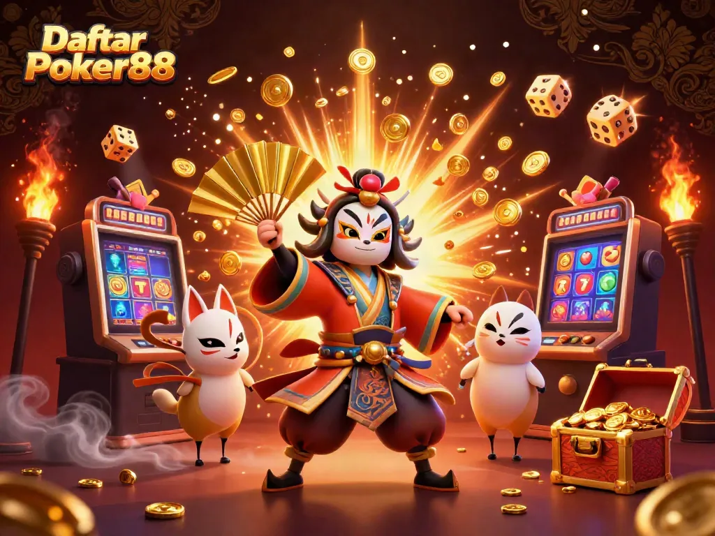 Engage in the thrill of gaming at Daftar Poker88, with vibrant characters and casino scenes.