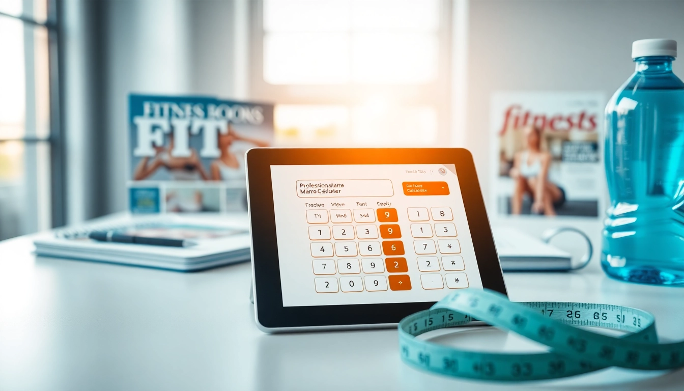 Calculate your macro calculator metrics on a sleek digital device amidst fitness tools.