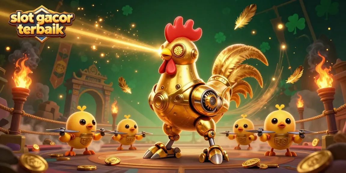 Menyaksikan slot gacor terbaik dengan robot ayam emas futuristik yang menembakkan pola emas