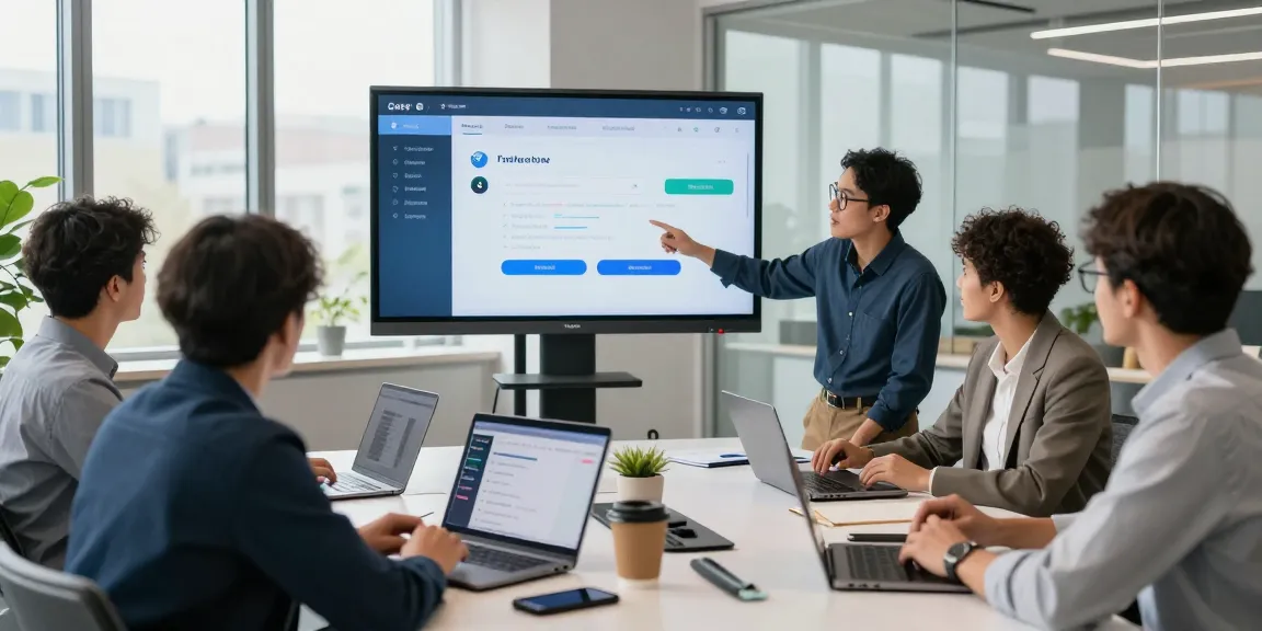 Professionals discussing 纸飞机下载 features during a team meeting in a bright modern office.