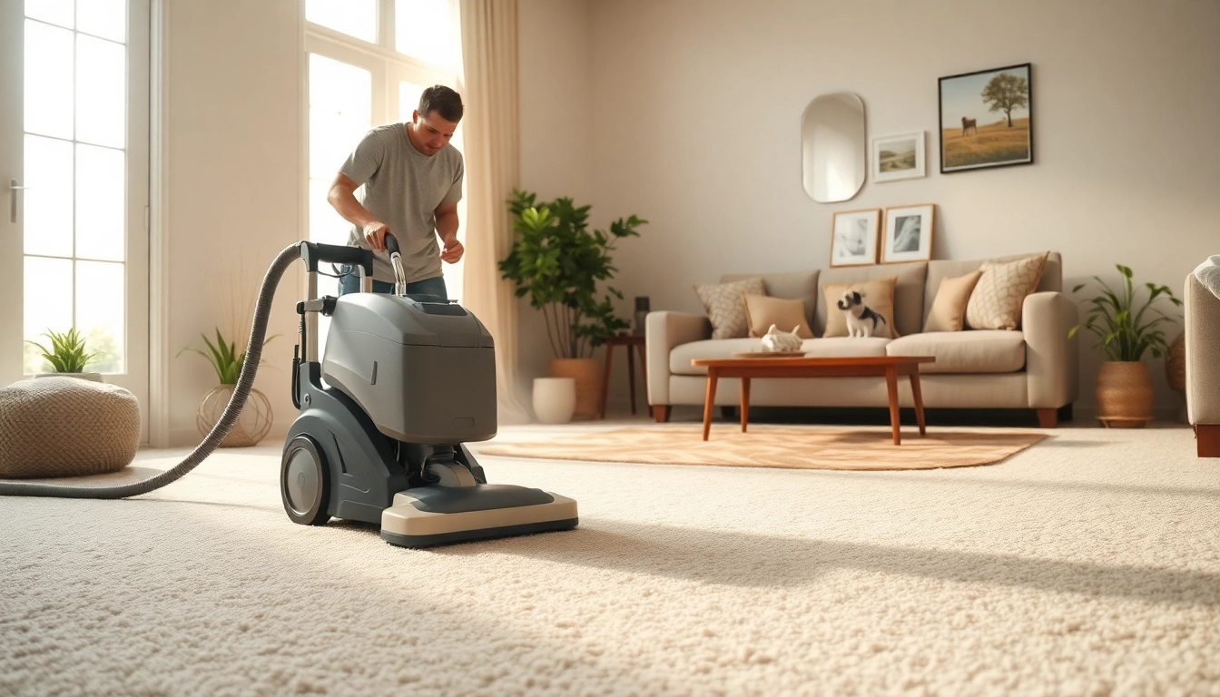 Pet odor carpet cleaning in a cozy living room by a professional technician using specialized equipment.